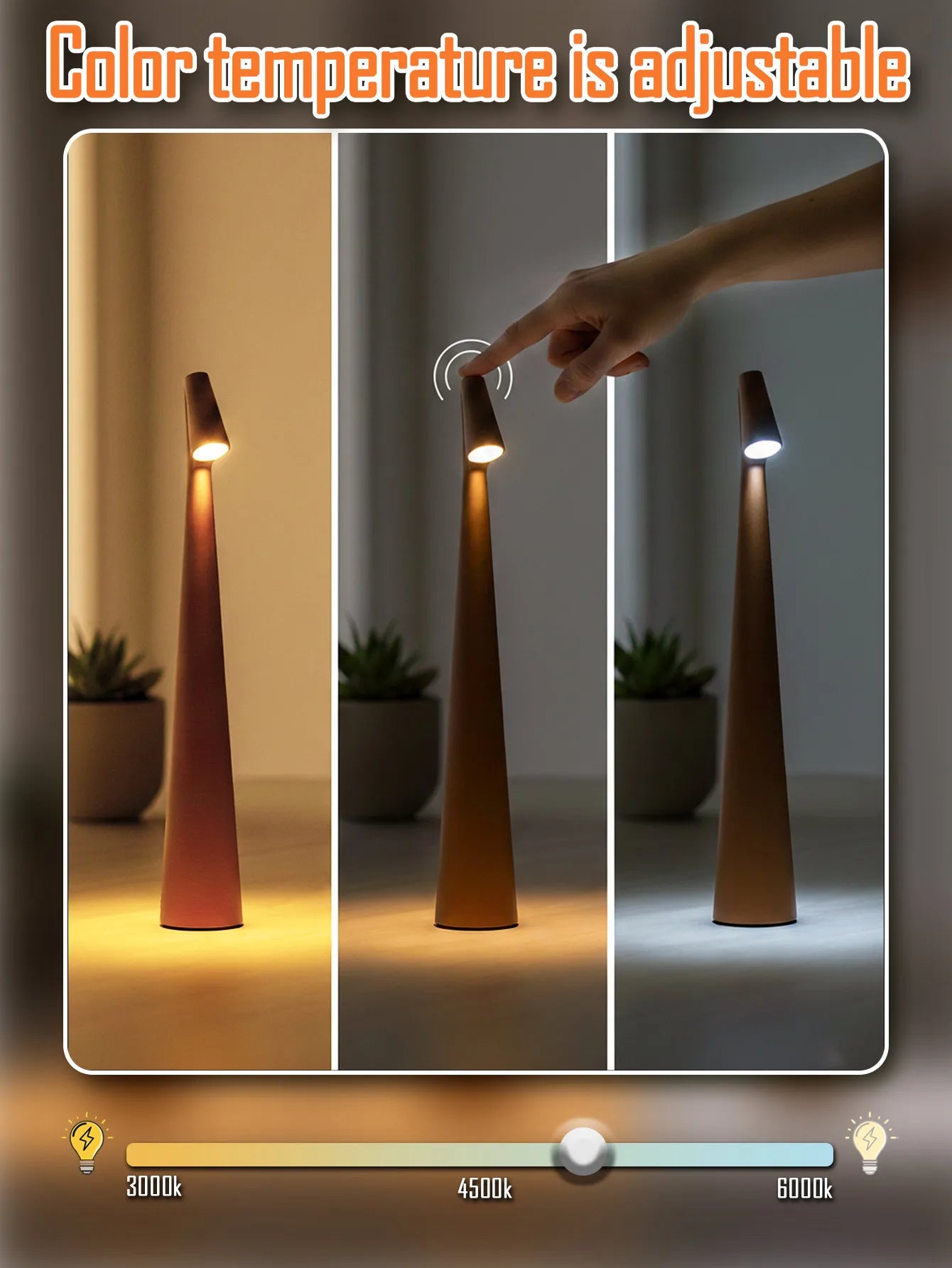 Rechargeable Wireless Desk Lamp with Three Touch Dimming Levels Touch Control Adjustable Brightness Portable Reading Light